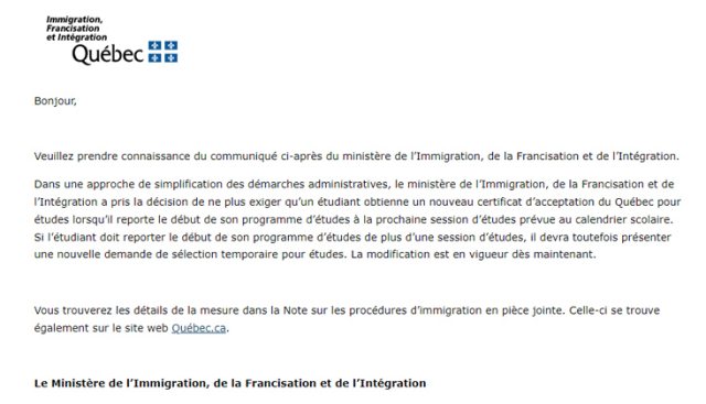 魁省对短期推迟入学的国际生不再要求重申CAQ
